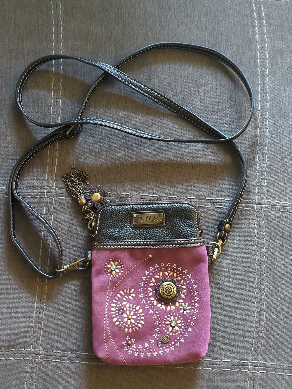 Chala Pink Crossbody Phone Pouch with Floral Embellishments
